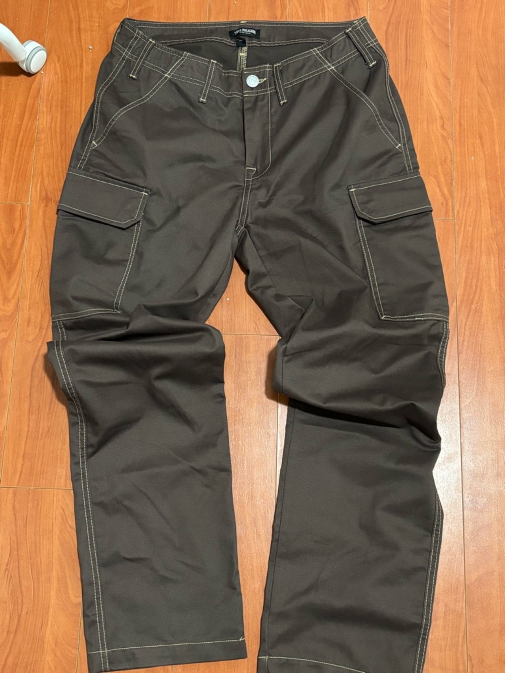 True Religion Men's Dark Brown Cargo Pants with Contrast Stitching